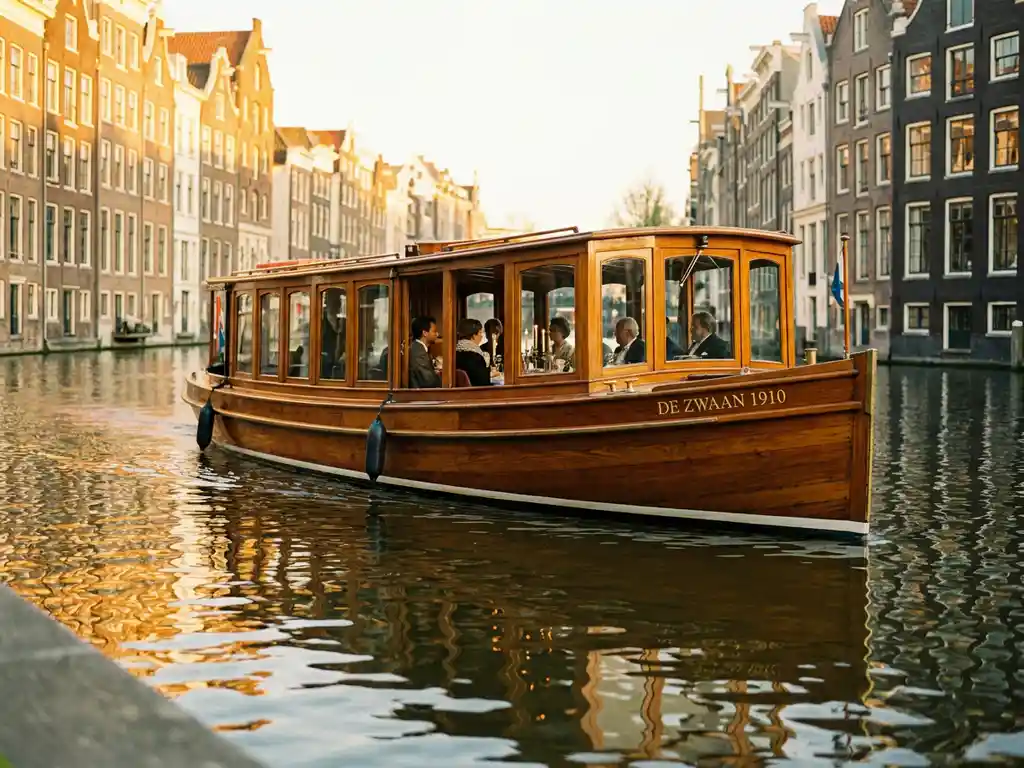 Classic 1910 Dutch salon tjalk with polished iroko hull cruising Amsterdam's canals at golden hour, guests dining inside glazed salon windows.