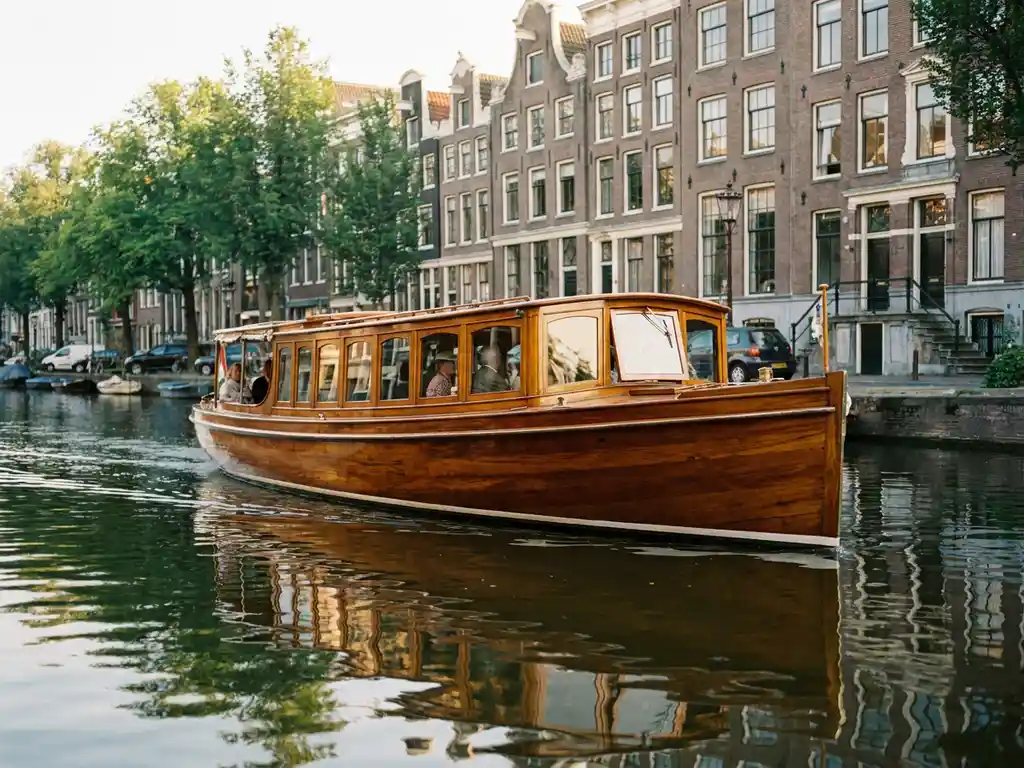 1910 Dutch salon tjalk with polished iroko wood hull cruising Amsterdam canals at golden hour, historic gabled facades reflected in calm water.