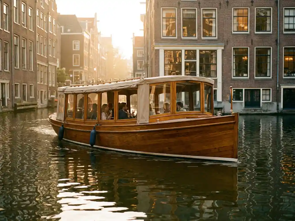 1910 Dutch salon tjalk with polished iroko hull cruising Amsterdam's canals at golden hour, historic gabled facades reflected in the water.