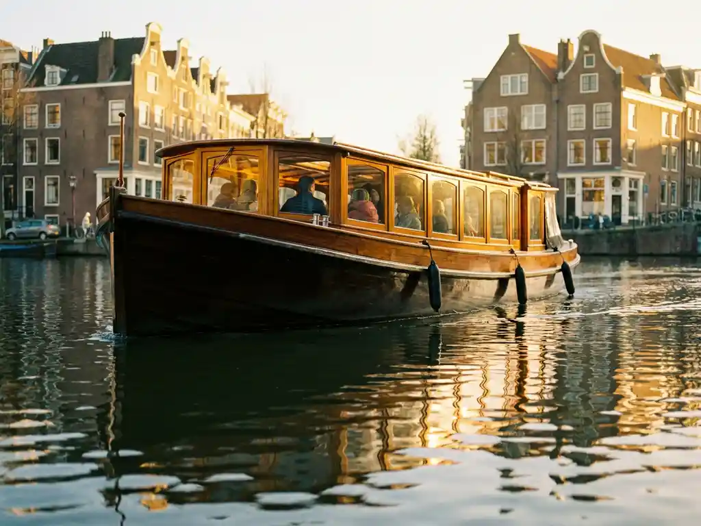 Dutch salon tjalk houseboat gliding through Amsterdam canals at golden hour, polished iroko hull reflecting historic gabled facades.