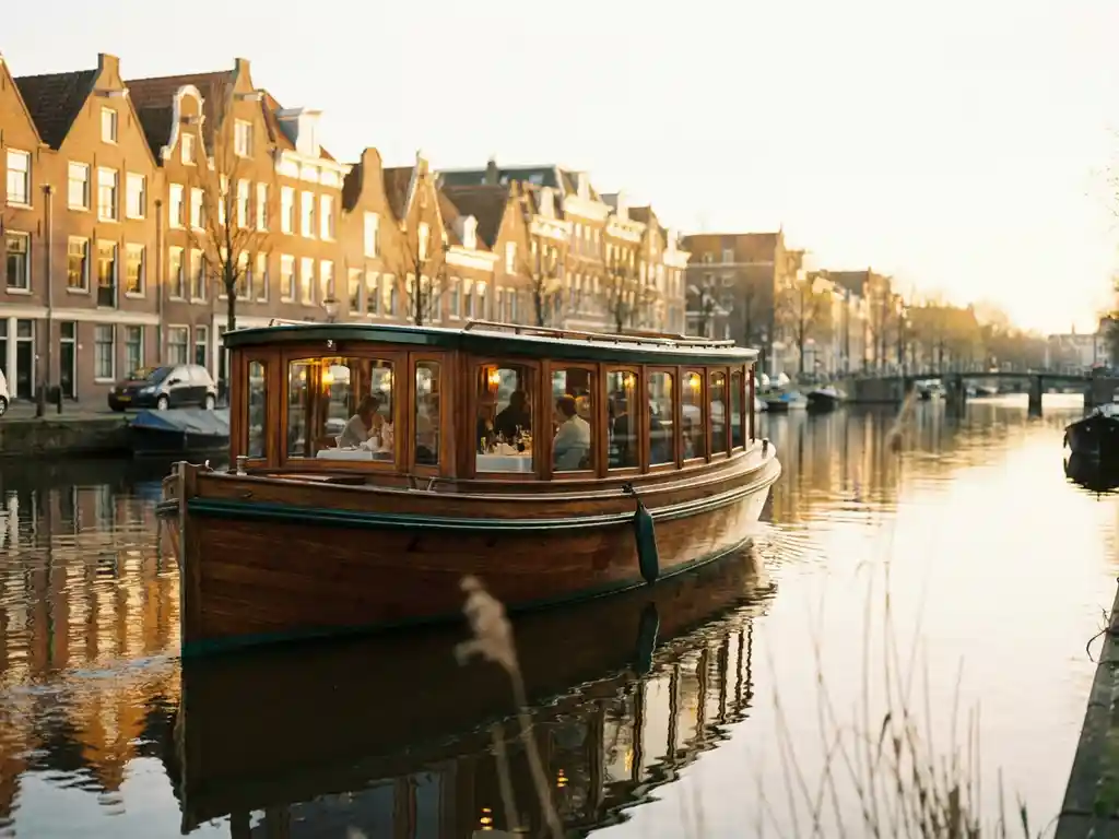 1910 Dutch salon tjalk with polished iroko hull gliding through Amsterdam canal at golden hour, guests dining inside glazed salon windows.