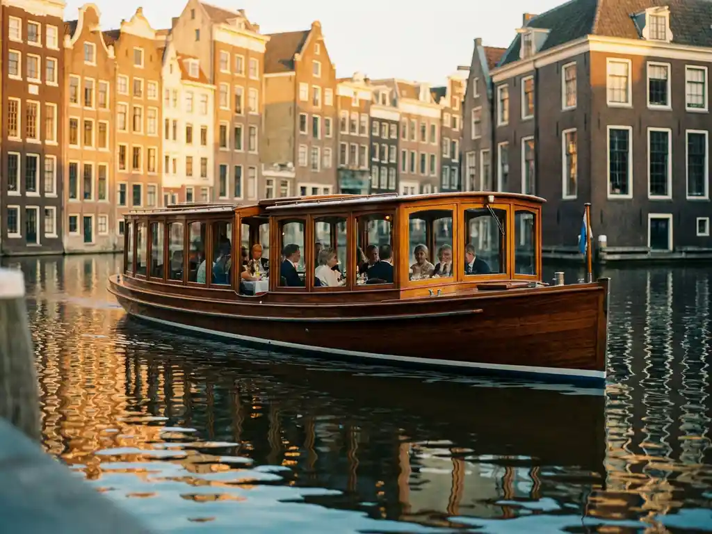 1910 Dutch salon tjalk with polished iroko hull gliding through Amsterdam's golden-hour canals, guests dining inside glazed windows.