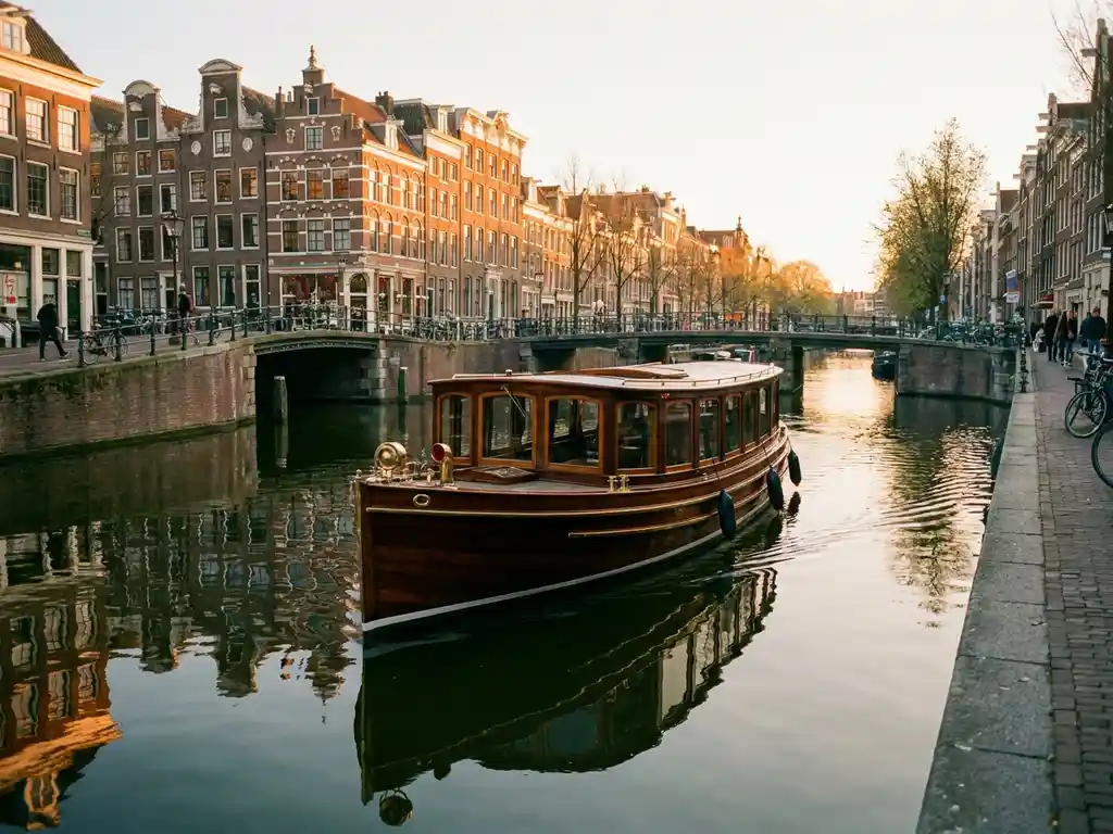 1910 Dutch salon tjalk with polished iroko wood hull sailing Amsterdam canal at golden hour, historic gabled facades reflected in calm water.
