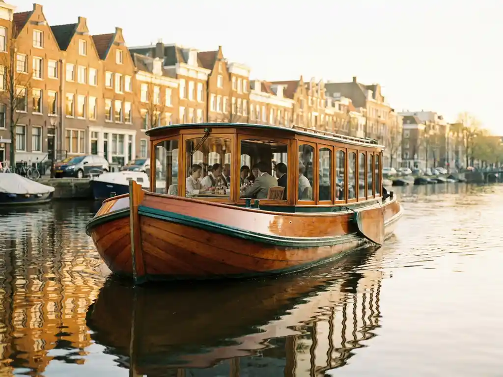 1910 Dutch salon tjalk boat with polished iroko hull gliding through Amsterdam canal at golden hour, guests dining inside glazed windows.