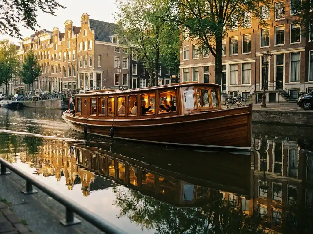 1910 Dutch salon tjalk with polished iroko hull cruising Amsterdam canals at golden hour, historic gabled facades reflecting in calm water.