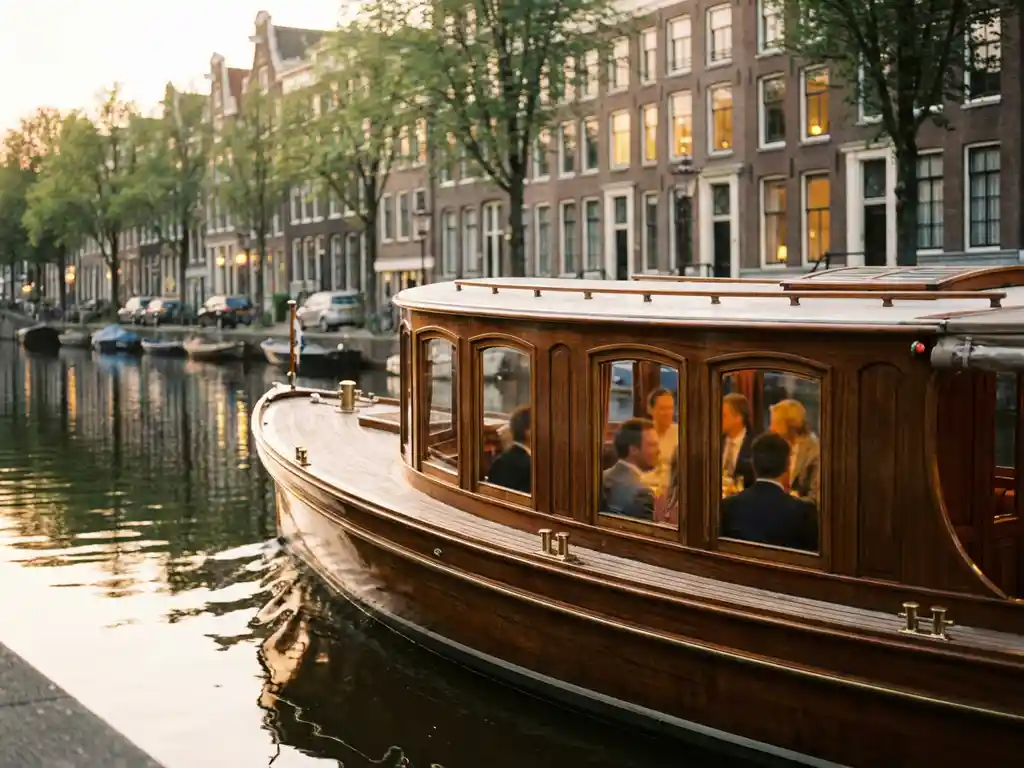 Vintage 1910 Dutch salon tjalk with polished iroko hull cruising Amsterdam's canals at golden hour, historic gabled buildings reflected in calm water.