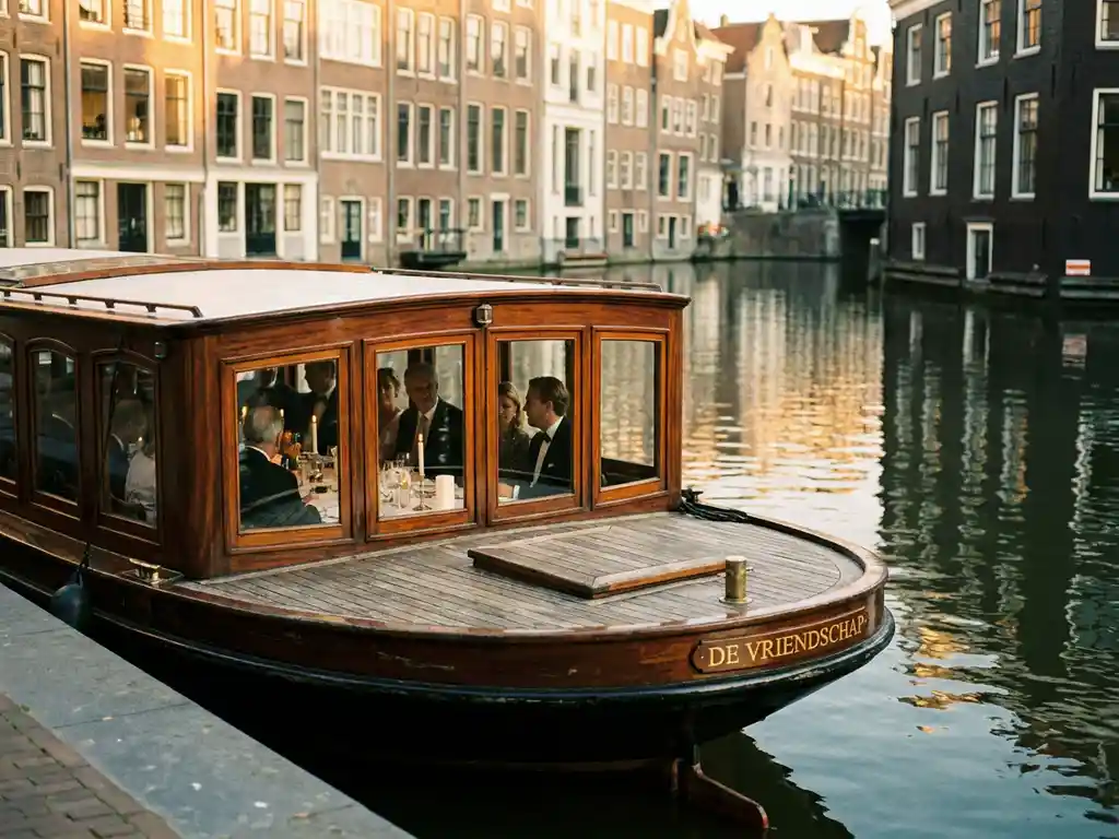 1910 Dutch salon tjalk with polished iroko hull sailing Amsterdam's canals at golden hour, guests dining inside glazed windows, historic gabled facades reflected in water.