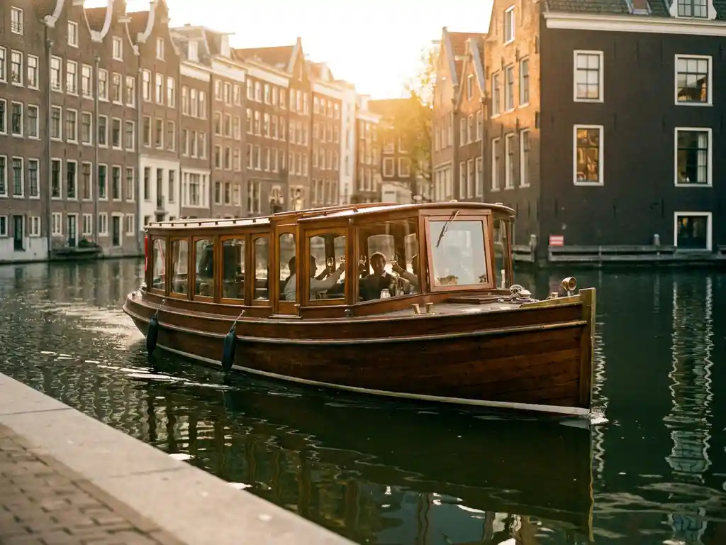 Classic 1910 Dutch salon tjalk with polished iroko wood hull cruising Amsterdam canals at golden hour, historic gabled facades reflected in water.