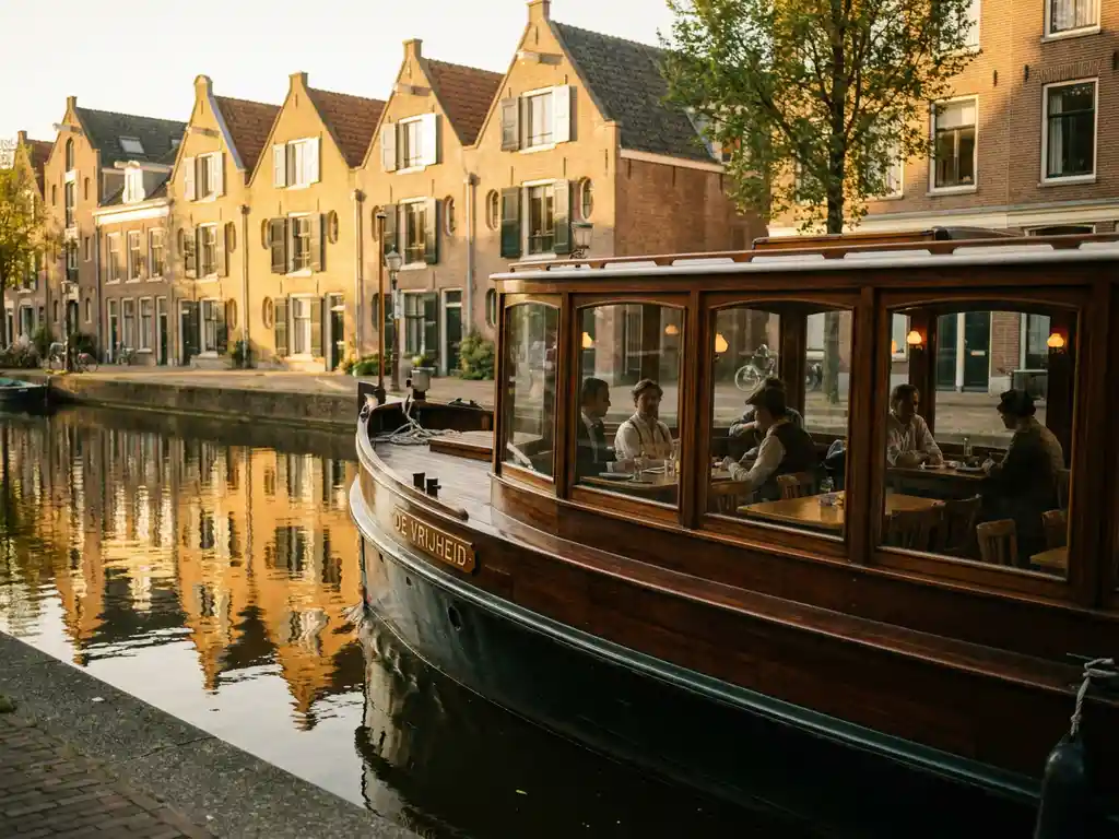 Classic 1910 Dutch salon tjalk with polished iroko wood hull cruising Amsterdam canals at golden hour, historic gabled houses reflected in calm water.