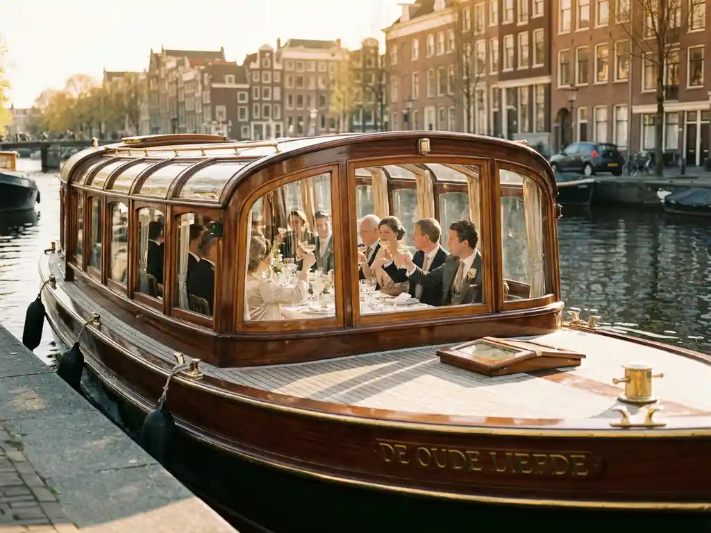 1910 Dutch salon tjalk with polished iroko hull cruising Amsterdam canals at golden hour, guests dining inside glazed windows, gabled facades reflected in water.