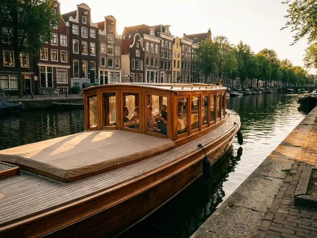 Classic 1910 Dutch salon tjalk with polished iroko wood hull cruising Amsterdam's historic canal at golden hour, gabled houses reflected in still water.